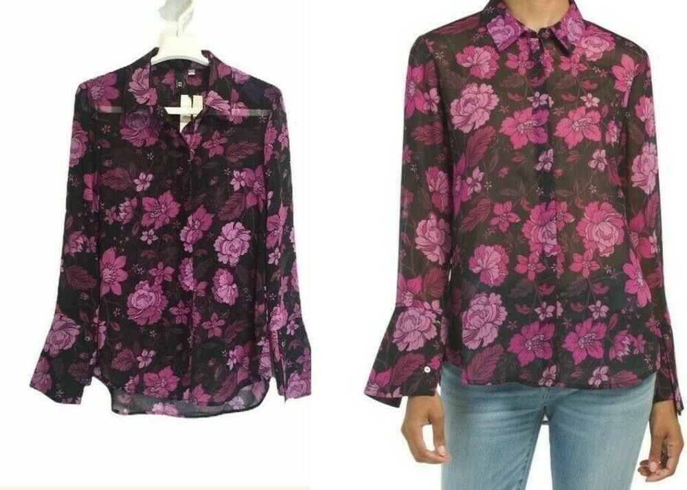 KUT From The Kloth Shirt Blouse Size XS Pink Black Sheer Floral Button Down